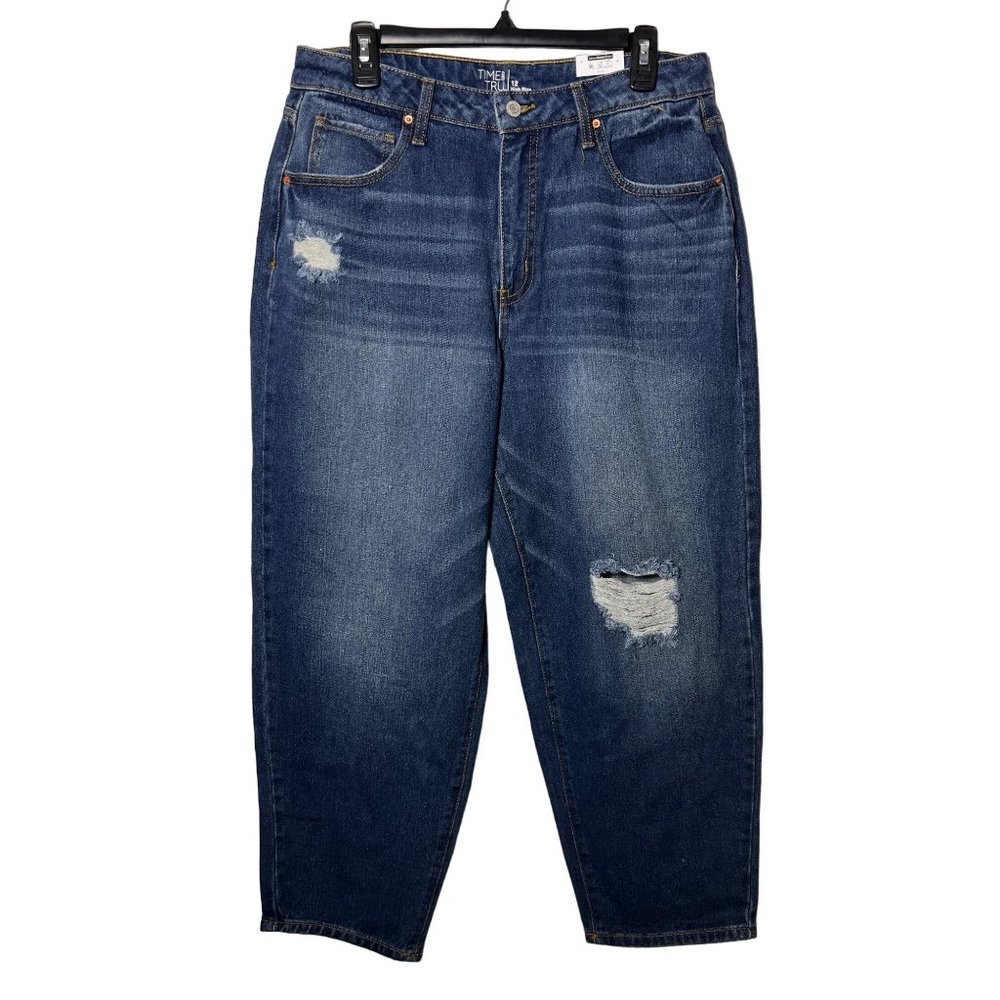 NWT Time & Tru long distress with fraying denim blue jeans with pockets size 16